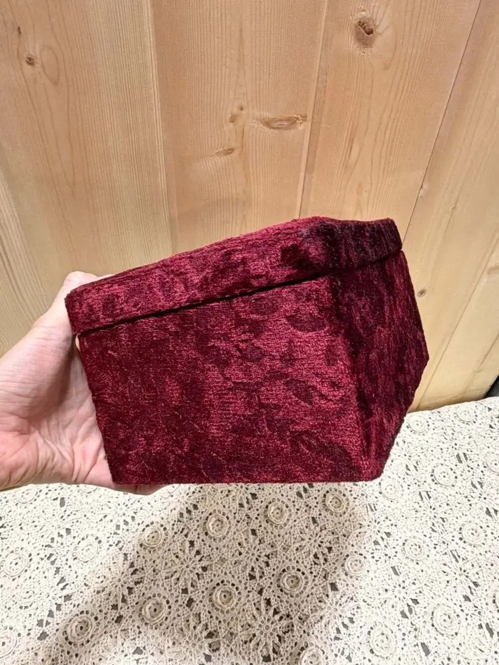 Vintage Burgundy Velvet Jewelry Keepsake Trinket Box Beaded Floral Accent
